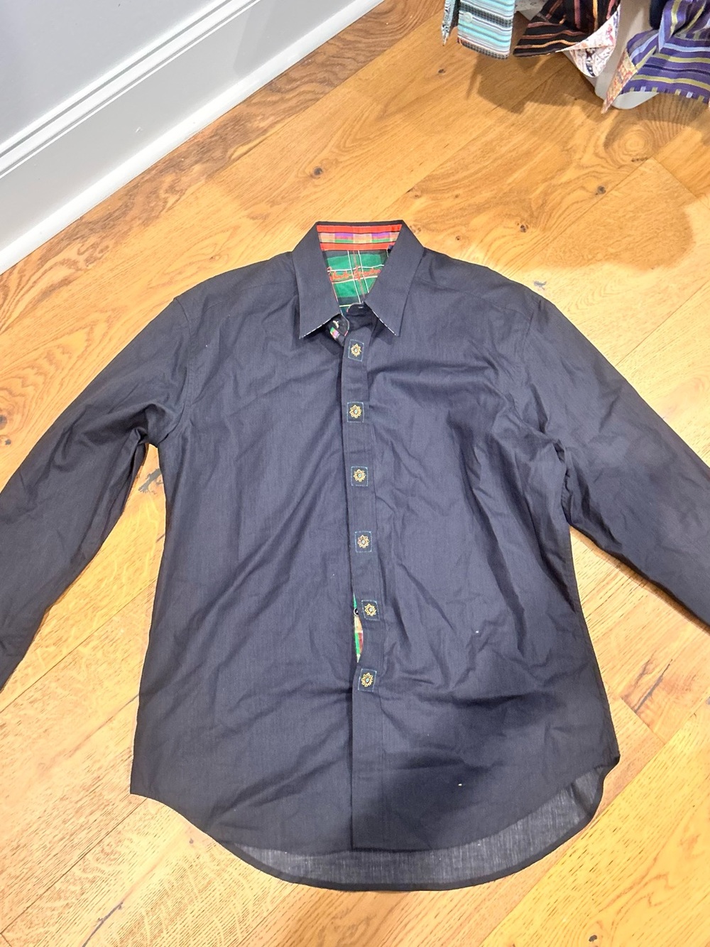 VINTAGE Robert Graham Navy Dress Shirt with Plaid Inner Collar